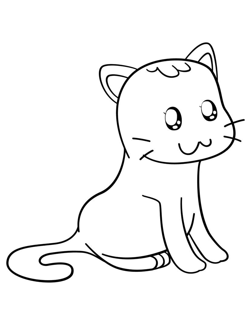 Cat line art illustration featuring a seated feline with large eyes, perked ears, and a curved tail.