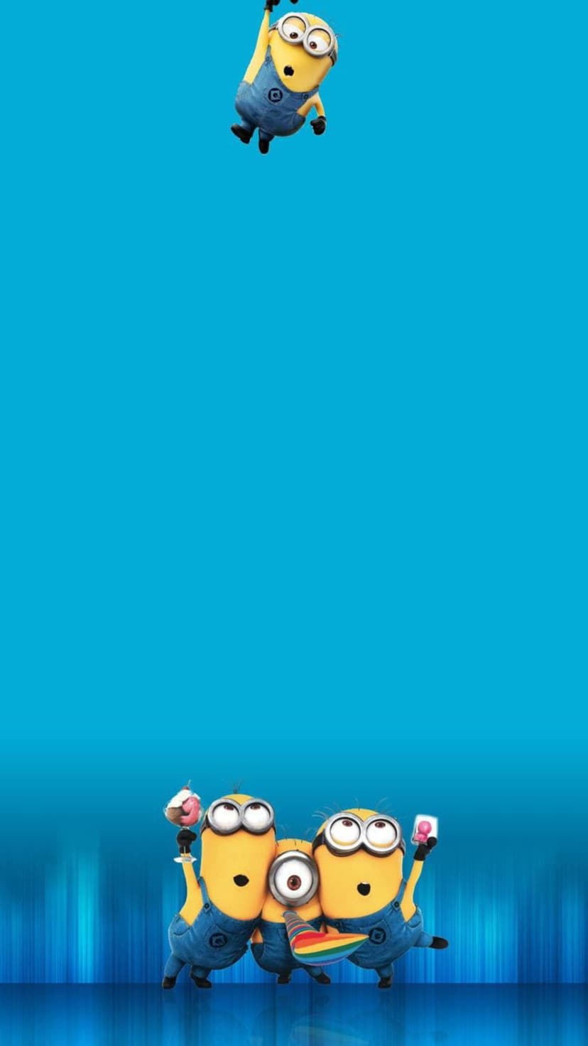 Yellow Minions play against a blue backdrop, one hanging from above while others gather with treats below.