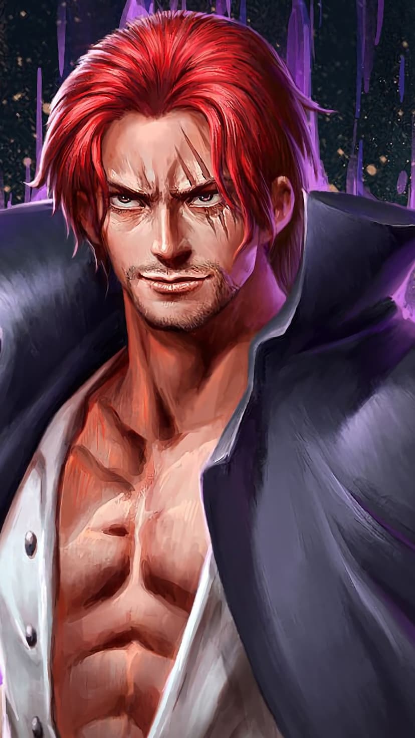Red-haired man with three scars over his left eye and an intense gaze surrounded by a faint purple aura.