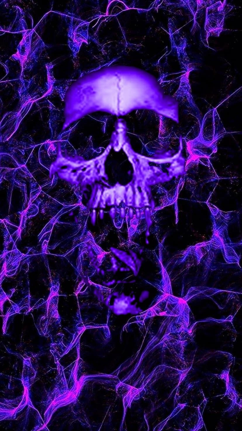 Luminous purple skull with glowing eye sockets emerges from a pink and violet electric nebula with dark fractures.