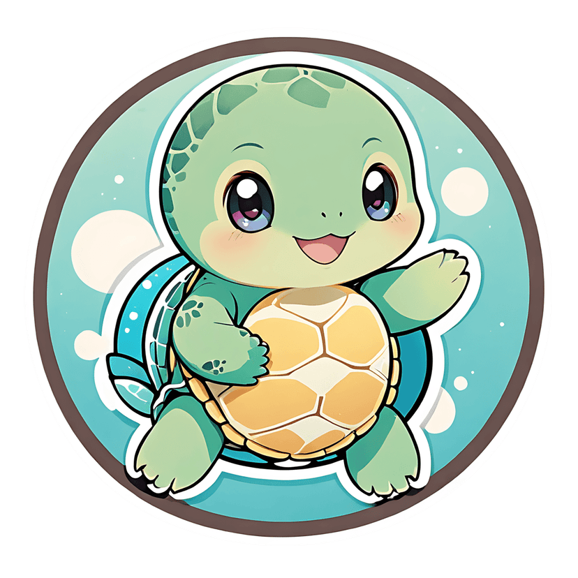 Green baby turtle sticker graphic features a yellow shell and glossy purple eyes inside an aqua circle.