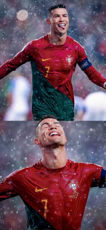 Cristiano Ronaldo celebrates in the rain for Portugal