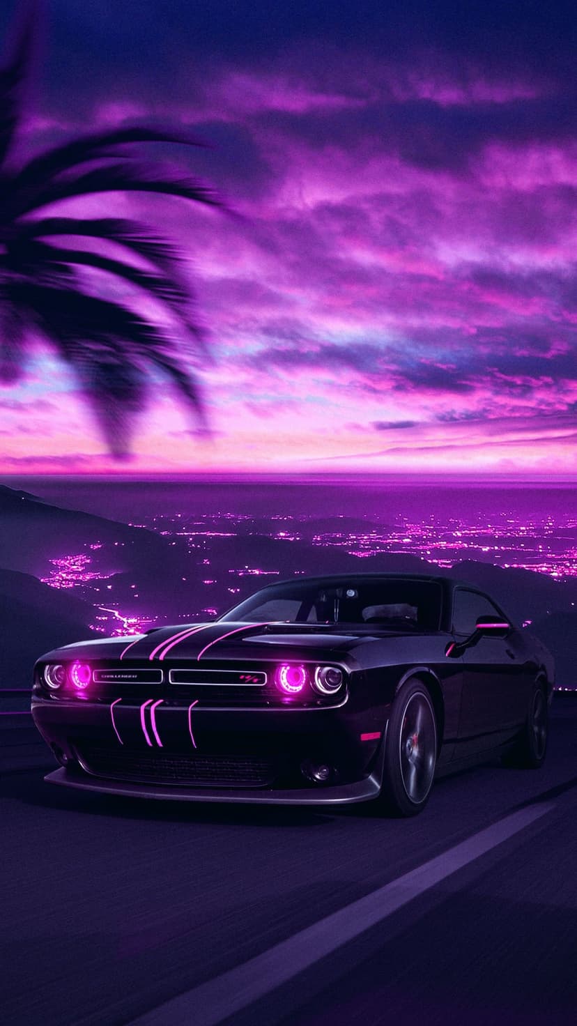Dodge Challenger with purple headlights cruises a pink sunset city road past a silhouetted palm tree at night.