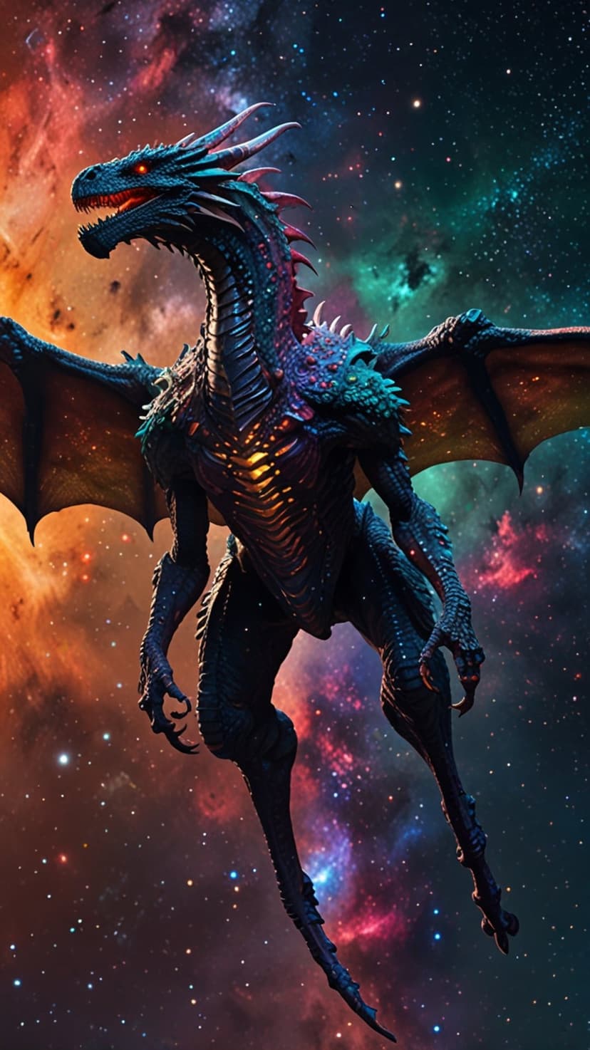 Cosmic dragon with glowing red eyes and iridescent scales flying through a purple and blue stellar nebula.