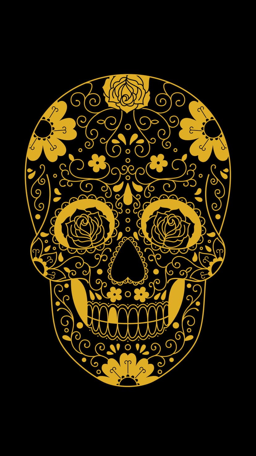 Golden sugar skull with intricate floral carvings and roses in the eye sockets over a solid black background.