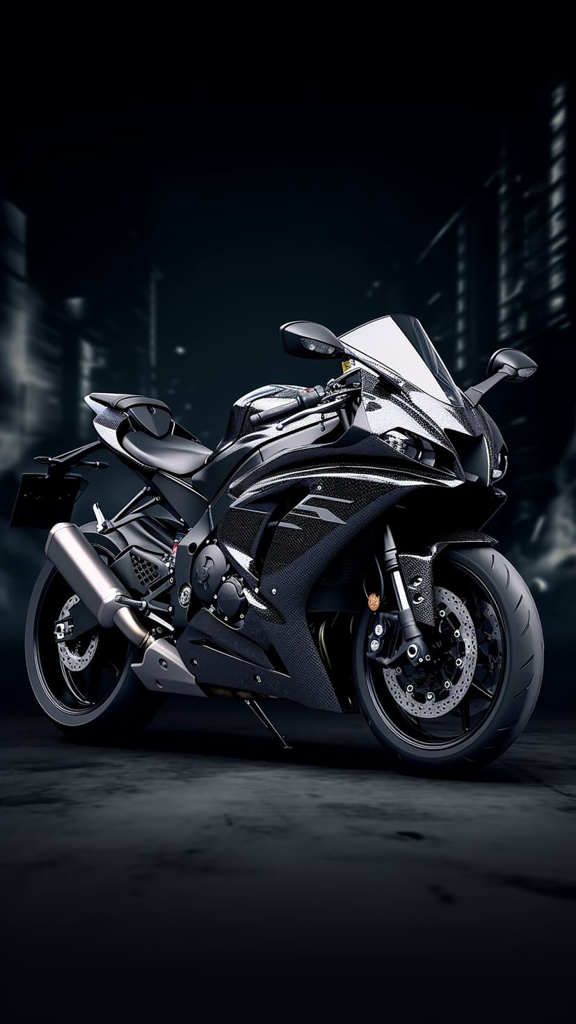 Black Yamaha motorcycle parked on a dark city street with blurred neon lights and wet pavement reflections.