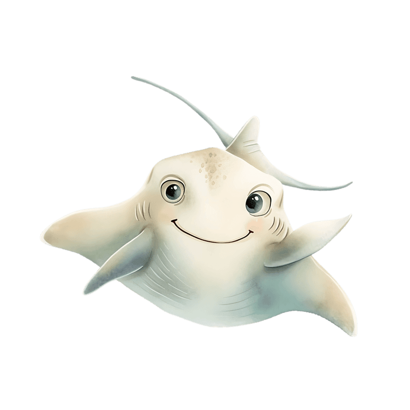 Rayfish character with large blue eyes and rosy cheeks smiles against a solid black background illustration.