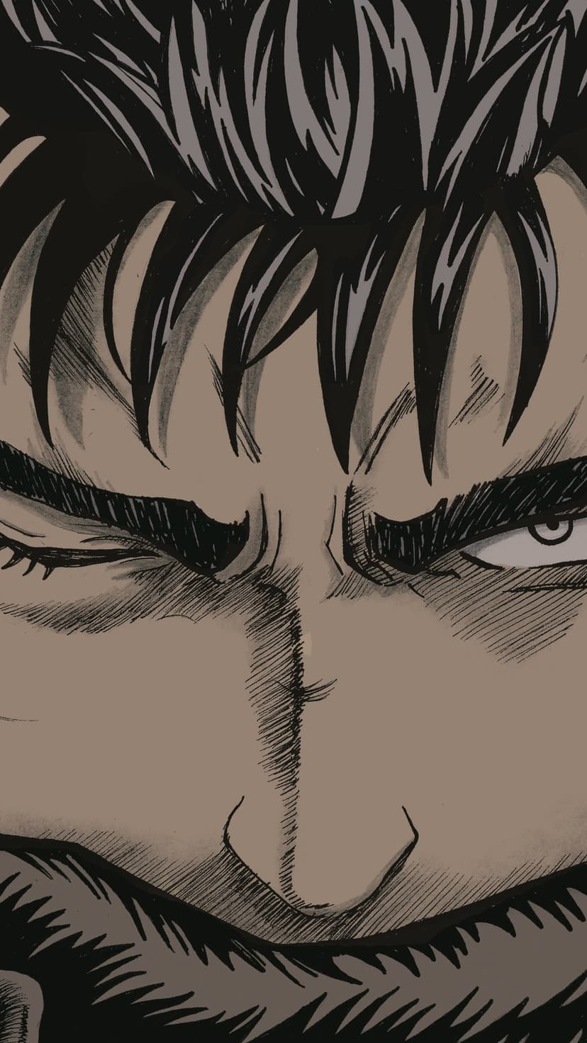 Guts stares forward with a furrowed brow and intense expression, featuring detailed line work and dark shading.