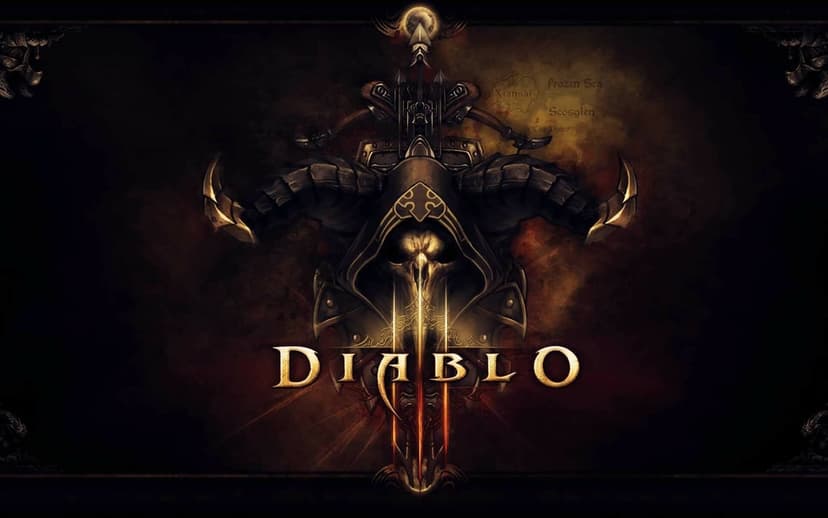 Hooded demon with glowing eyes and large horns behind the gold Diablo III logo on a dark parchment map.