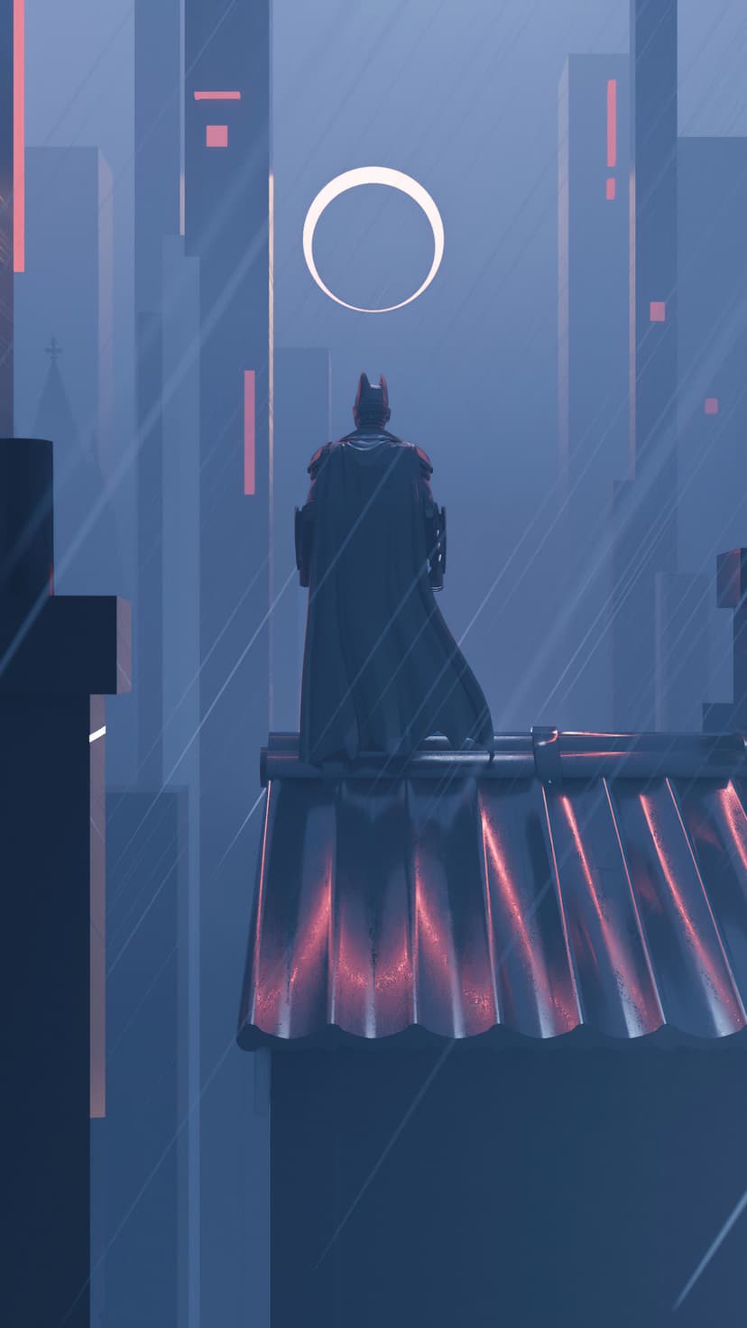Batman stands on a building edge overlooking a rainy city with red and blue lights and a glowing white sky ring.
