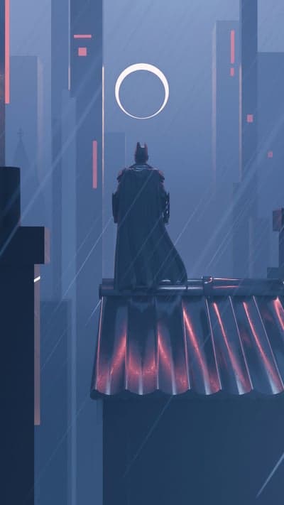 Batman watches over rainy Gotham city skyline