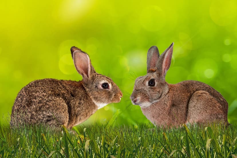 Two fluffy rabbits sit nestled in tall green grass against a soft yellow and green bokeh background.