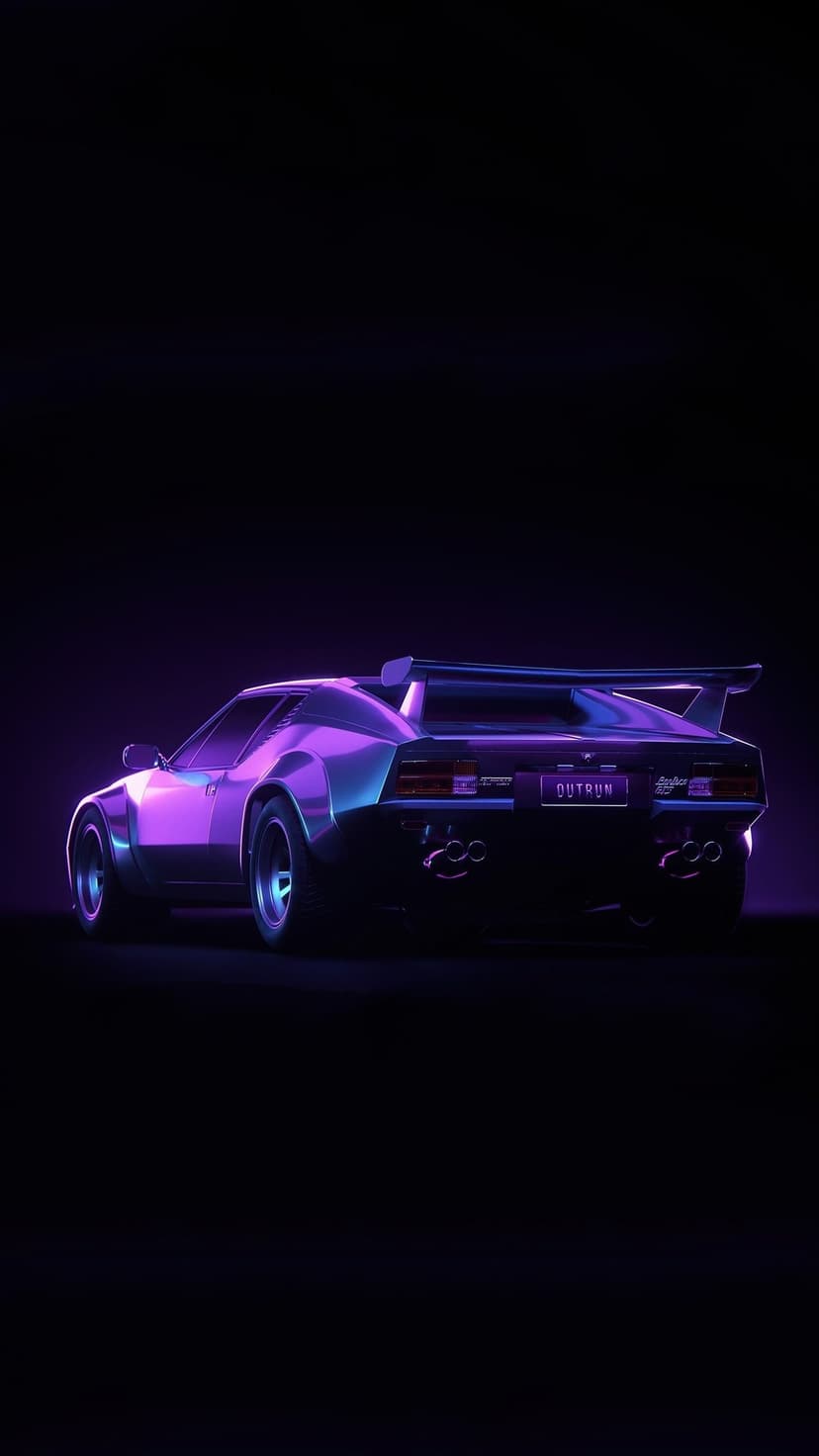 Retro sports car with iridescent purple paint, a large rear spoiler, and glowing OUTRUN license plate.