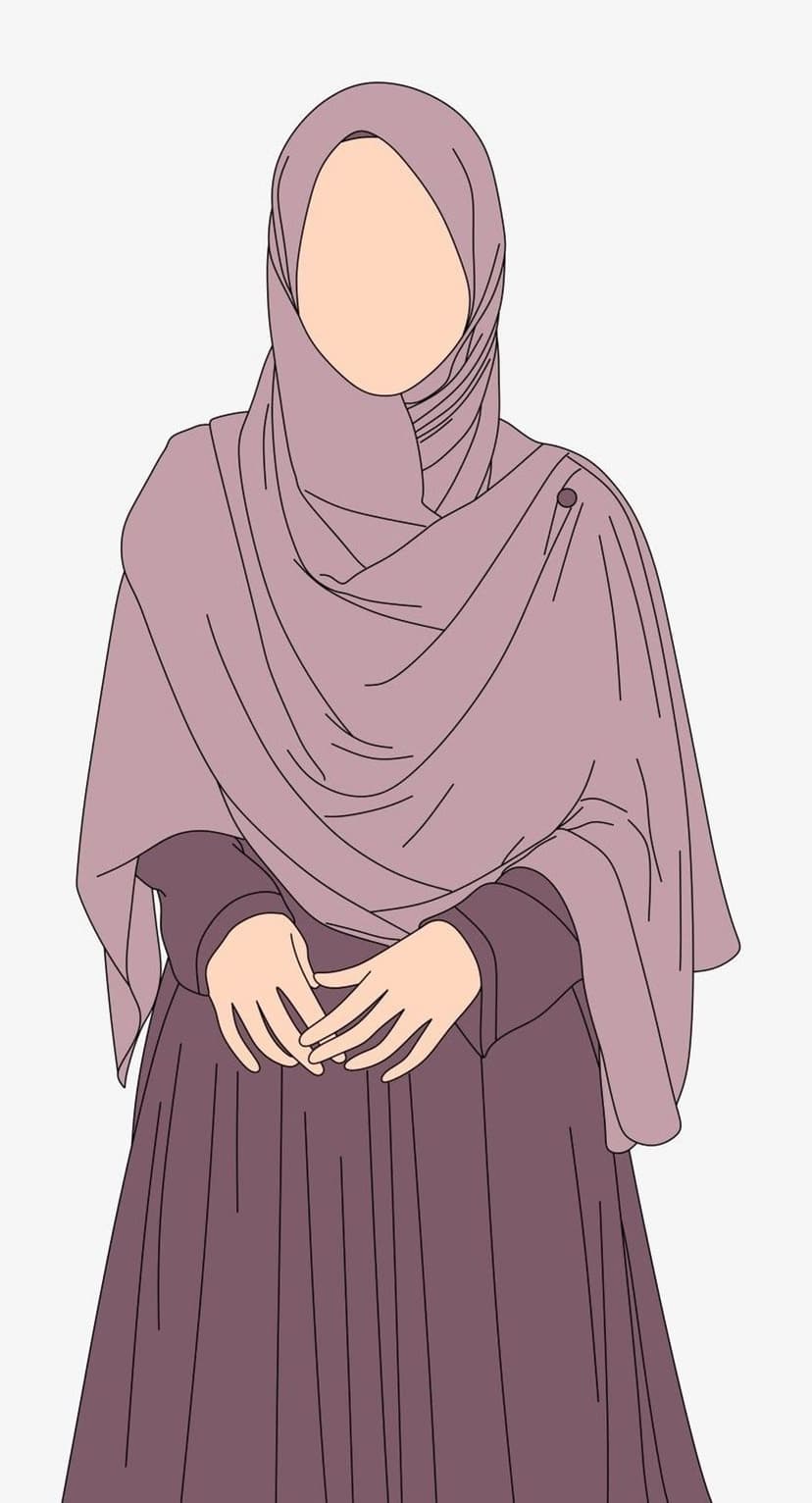 Faceless woman in a flowing purple hijab and pleated dress stands with hands clasped against a plain background.