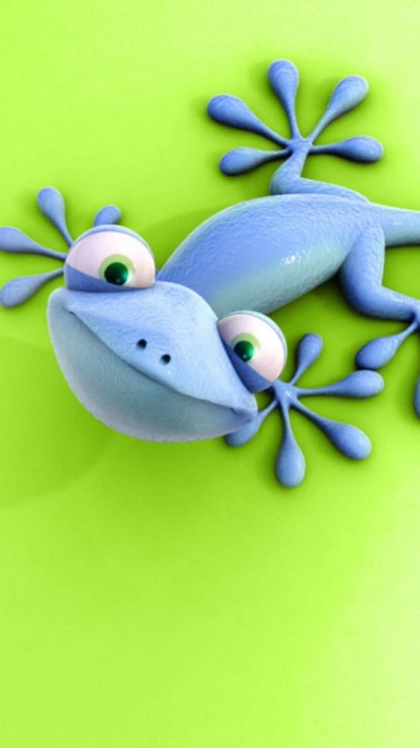 Blue gecko with large green eyes and bulbous feet clings to a solid bright green surface in a portrait view.
