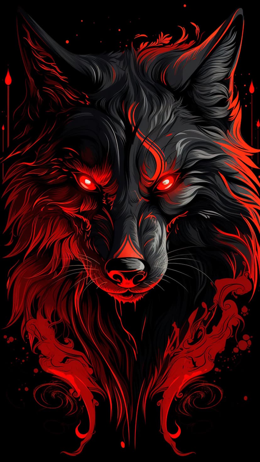Wolf with glowing red eyes and fiery fur accents stares forward against a solid black background with red wisps.