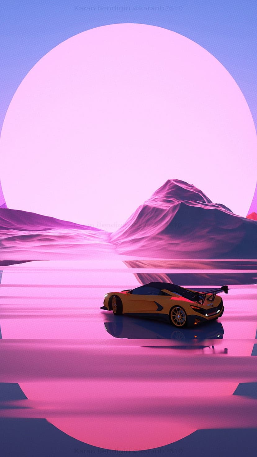 Yellow sports car with a rear spoiler on a reflective pink plane under a massive sun and purple mountain peaks.