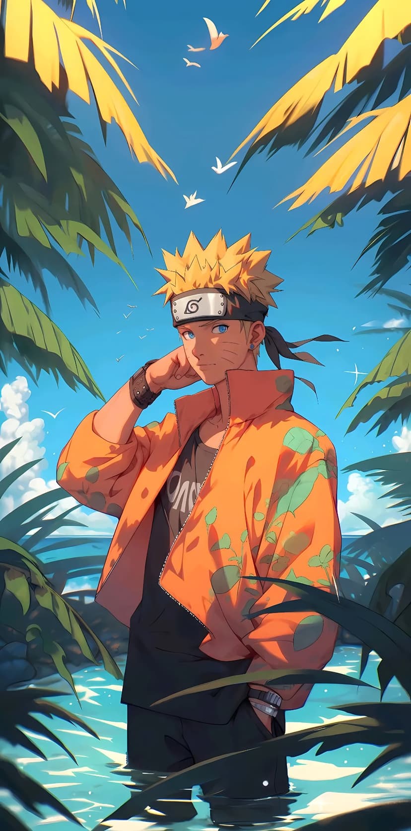 Naruto Uzumaki stands waist-deep in blue ocean water framed by palm leaves under a sunny sky with soaring birds.