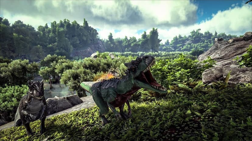 Three Allosaurus dinosaurs in a dense green jungle, one roaring with an open mouth under a cloudy sky.