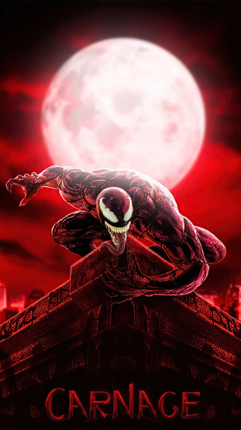 Carnage crouches on a stone gargoyle under a massive red moon, displaying sharp teeth and white glowing eyes.