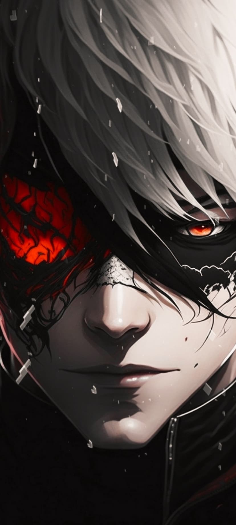 White haired anime character with a glowing red eye and a black mask surrounded by floating white particles.