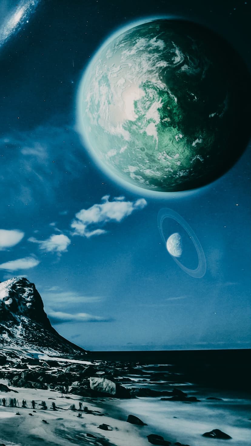Massive green planet and ringed moon loom over a snowy rocky shoreline under a starry nebula in deep space.