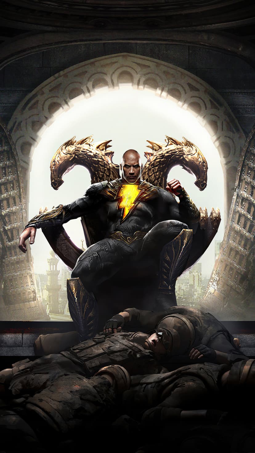 Black Adam in a gold-trimmed suit sits on a dragon throne over defeated soldiers near a ruined archway.