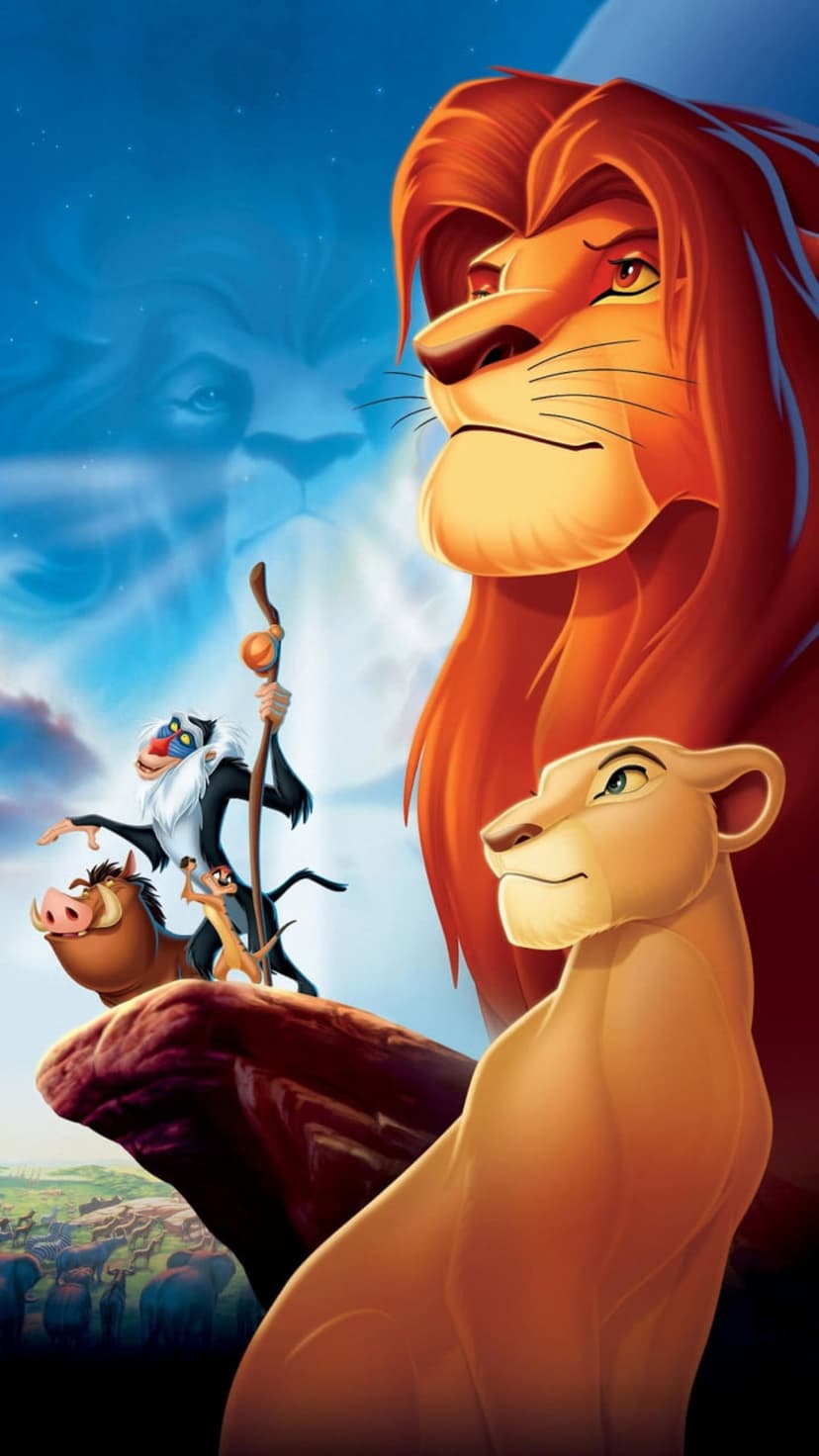 Simba, Nala, Timon, and Pumbaa stand on a stone peak below a lion-shaped cloud silhouette in a golden sky.