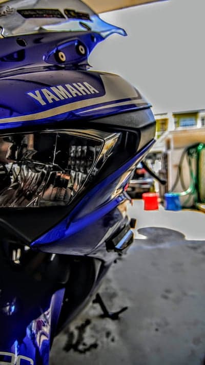 Blue Yamaha Motorcycle Headlight and Fairing Close-up
