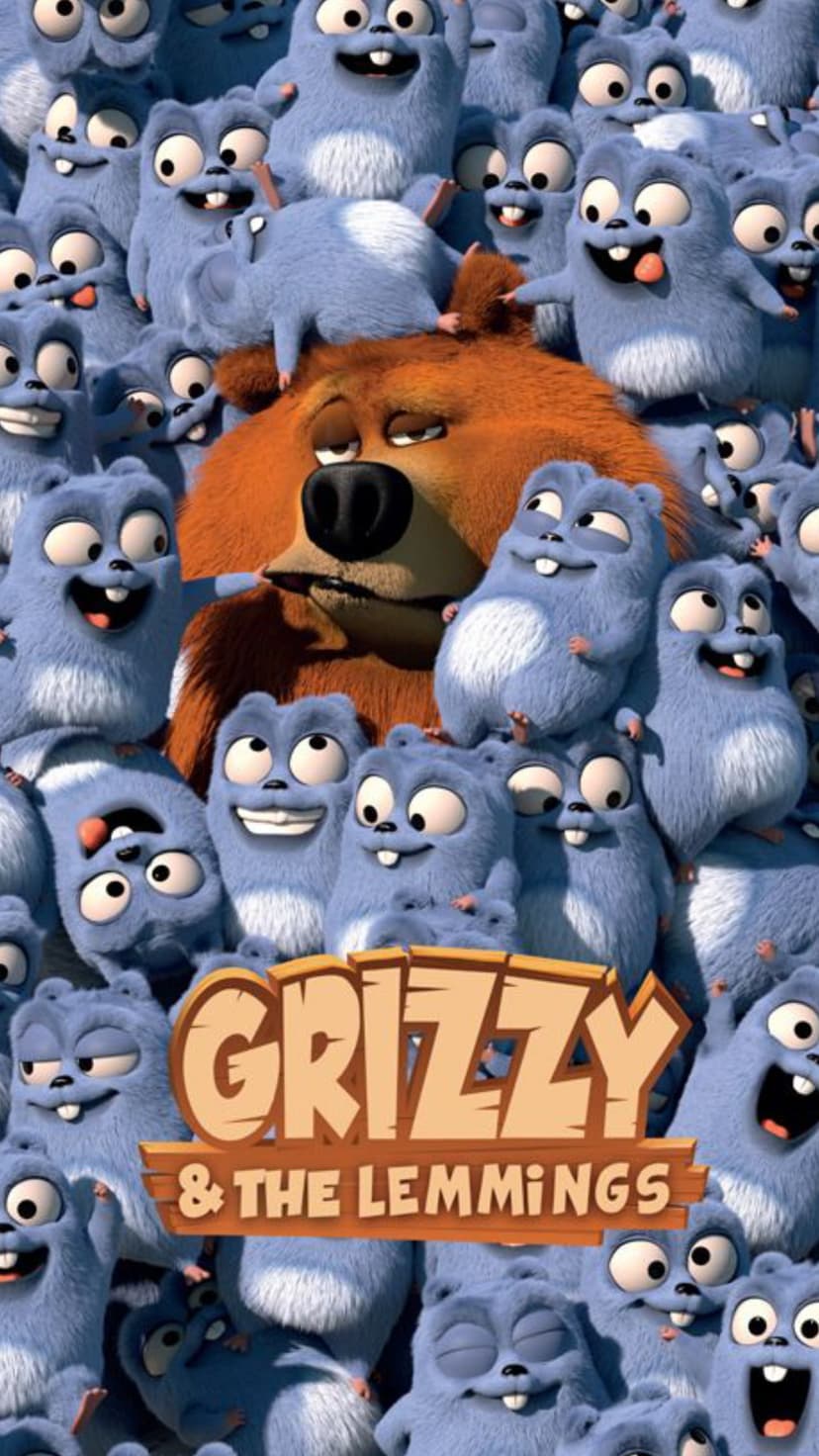 Grizzy the large brown bear looks annoyed at dozens of tiny blue lemmings in a lush green pine forest clearing.