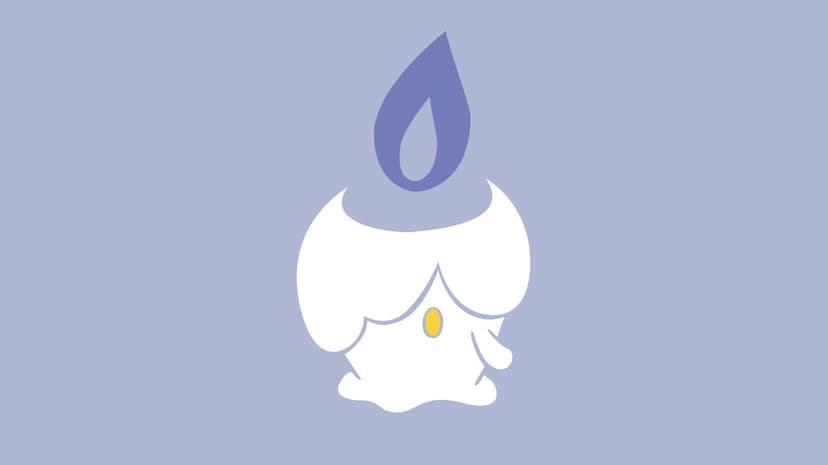 Litwick Pokemon minimalist vector art with a purple flame and white wax body on a solid lavender background.
