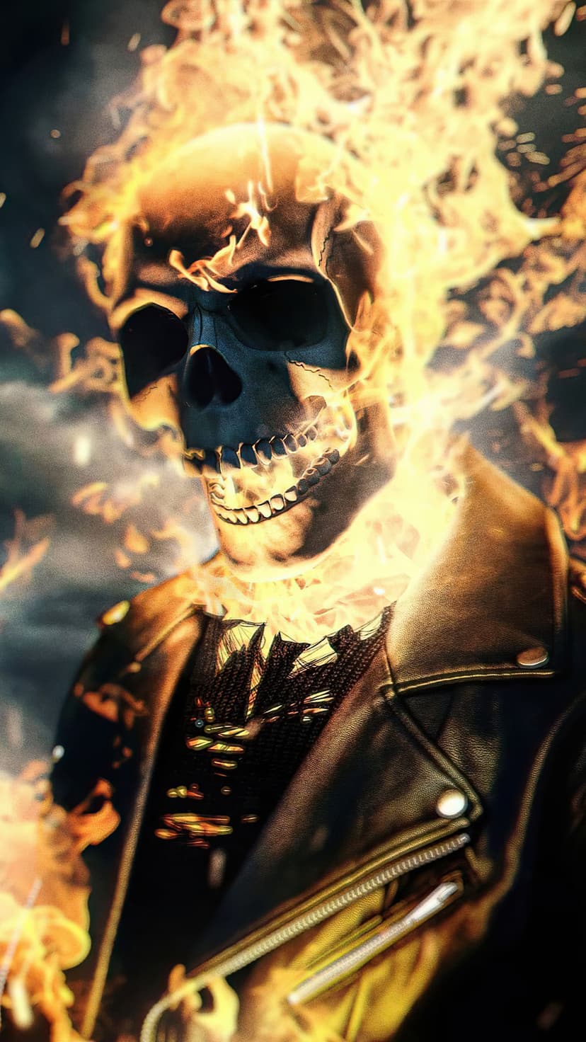 Flaming skull wearing a black leather jacket surrounded by thick smoke and glowing orange fire embers.