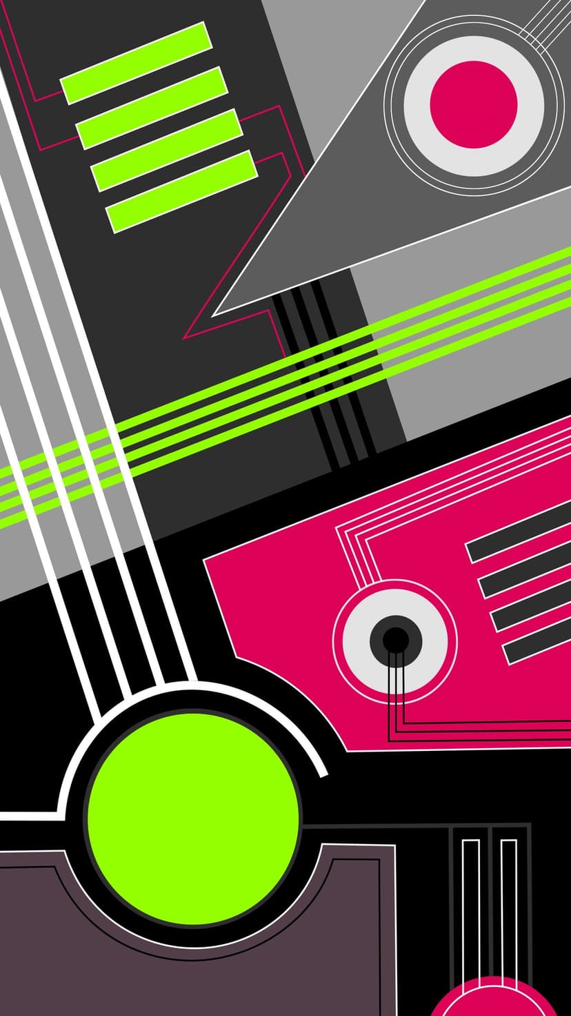 Neon green and pink sharp geometric angles layered with circles on a dark gray and black textured background.