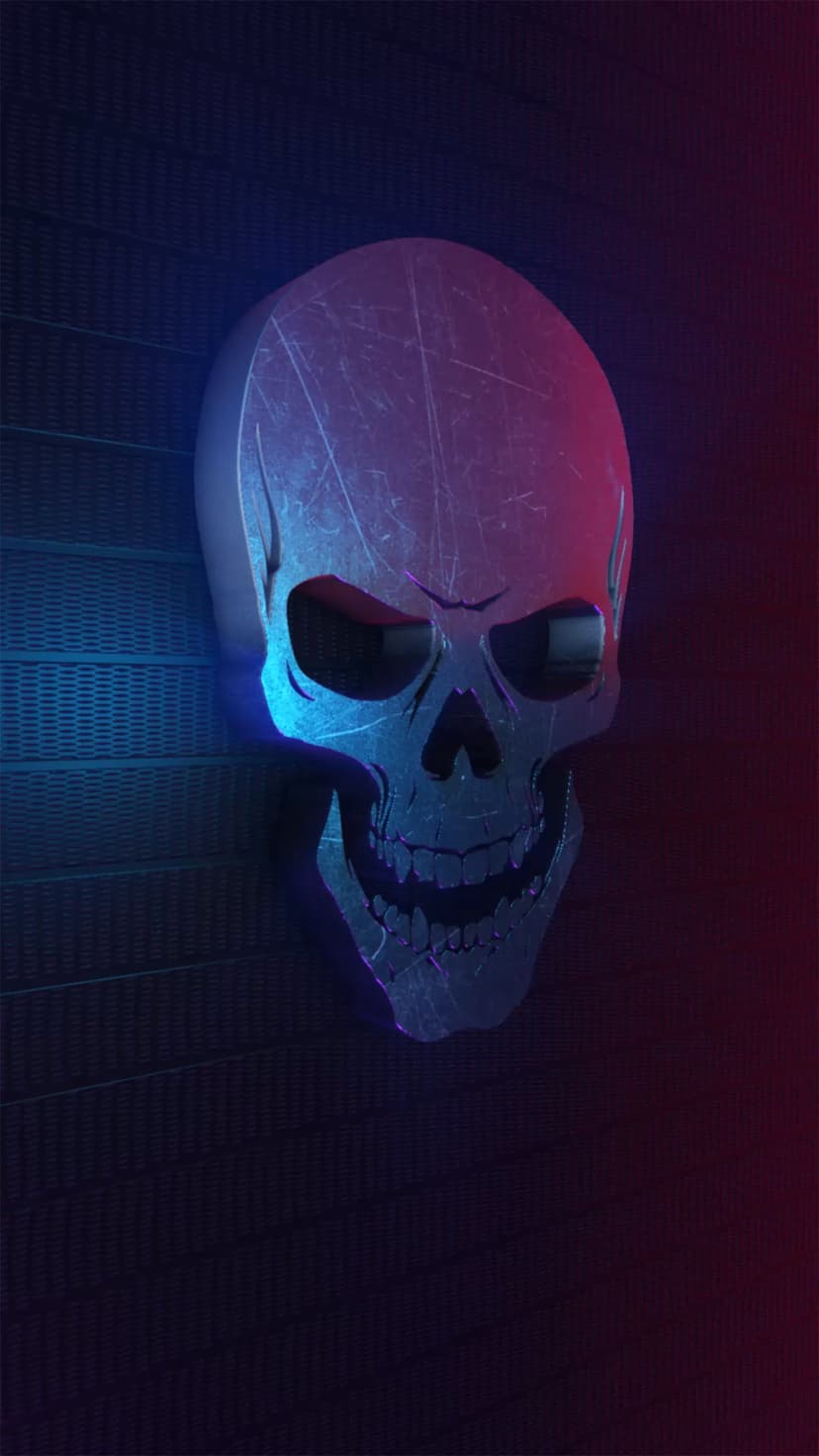 Metallic skull with scratched texture illuminated by blue and pink light against a dark, shadowy background.