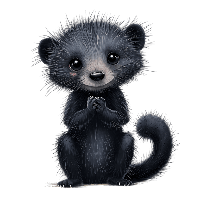 Binturong character illustration featuring grey fluffy fur, large dark eyes, and pink cheeks in a seated pose.