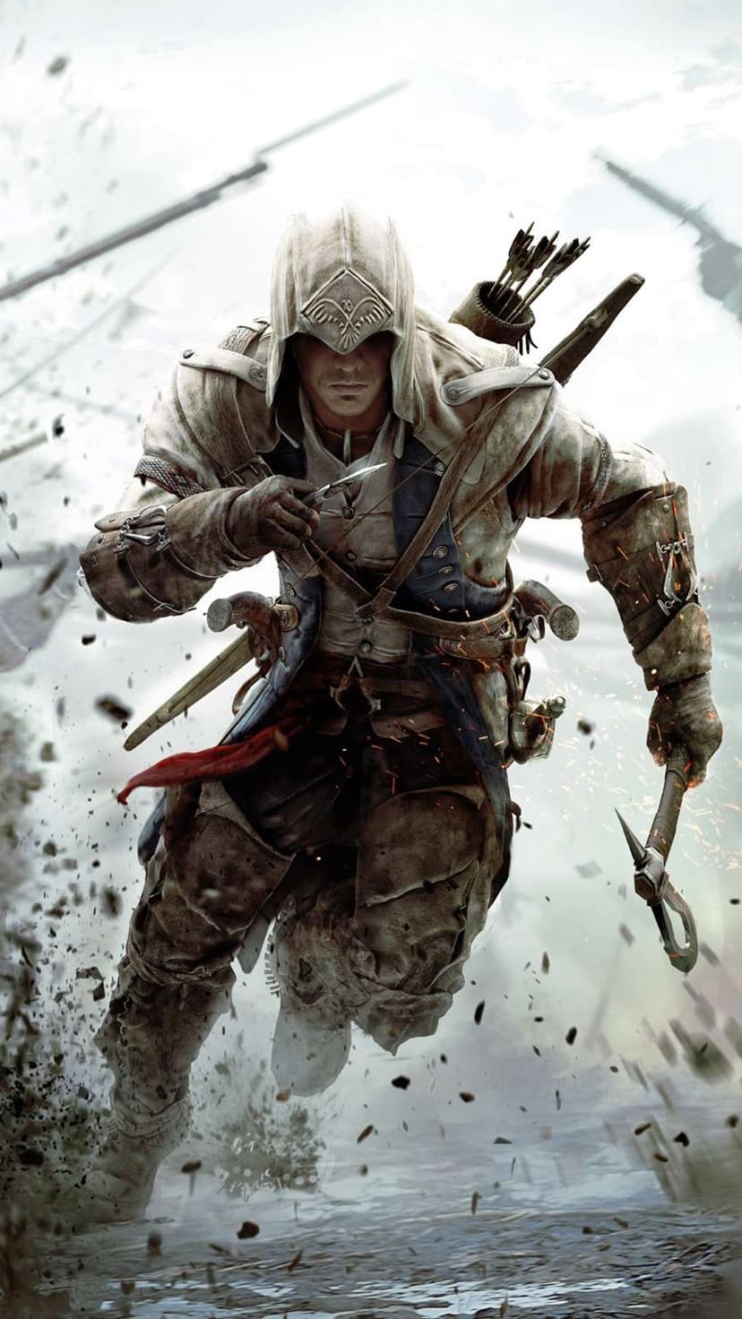 Connor Kenway in white hooded robes leaps through snow with a tomahawk and hidden blade in a winter forest.
