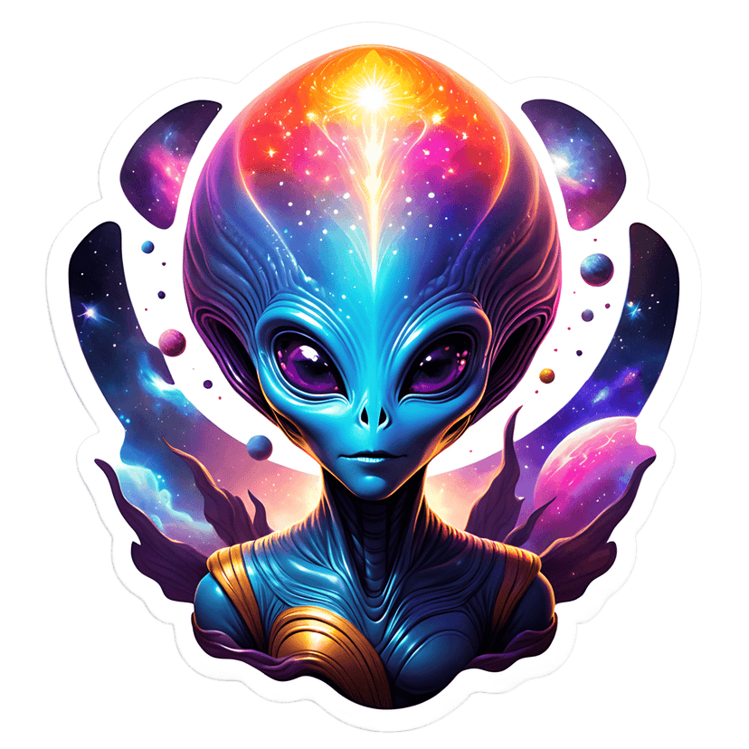 Blue alien sticker portrait featuring glowing purple eyes and a multi-colored nebula background with planets.