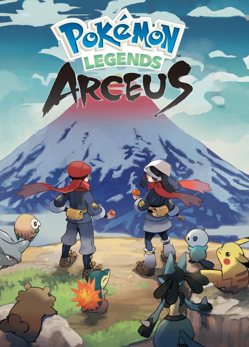 Pokémon trainers Rei and Akari stand before Mt. Coronet with starter Pokémon in a painterly landscape.