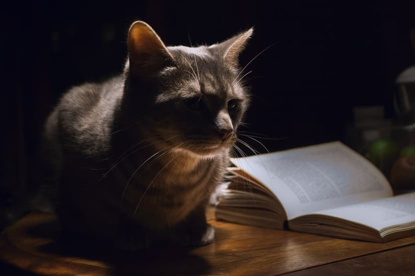 Gray tabby cat sitting beside an open book on a wooden table under dramatic low-key lighting with deep shadows.