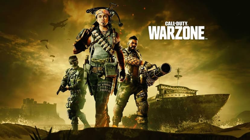 Samantha Maxis and military operators stand before a shipwreck under a hazy golden sky in this gaming scene.