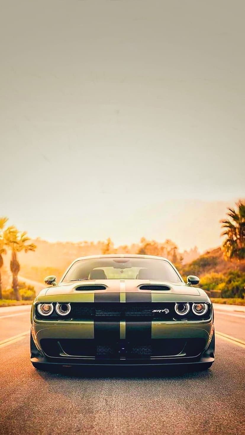 Green Dodge Challenger SRT Hellcat with black stripes driving on a road lined with palm trees at sunset.