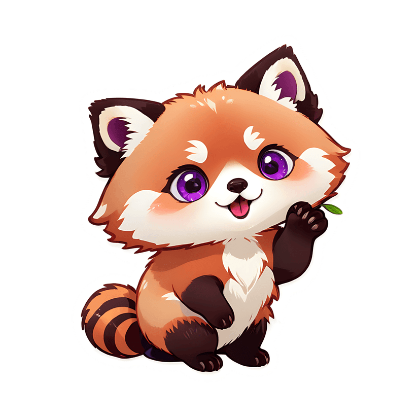 Red panda sticker illustration with orange fur, purple eyes, and a green leaf on a white outline background.