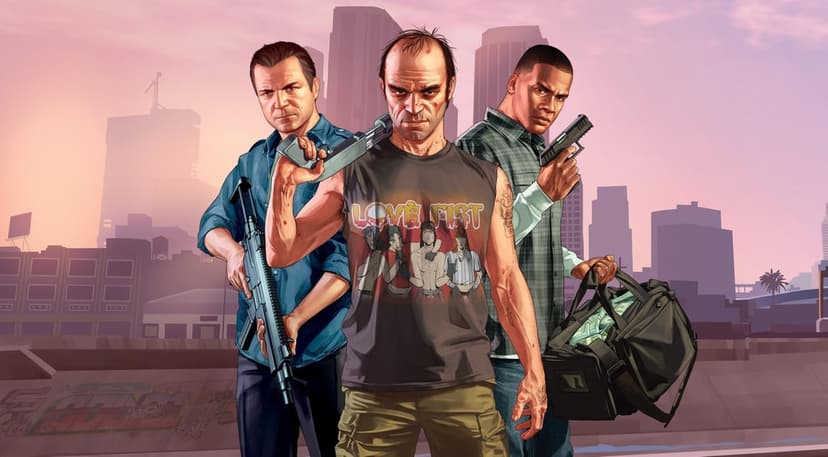 Three armed men stand before a purple city sunset, one holding a shotgun and another a bag of stolen money.