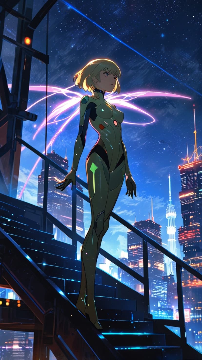 Woman in a green and black bodysuit stands on stairs overlooking a neon-lit cyberpunk city under a starry sky.