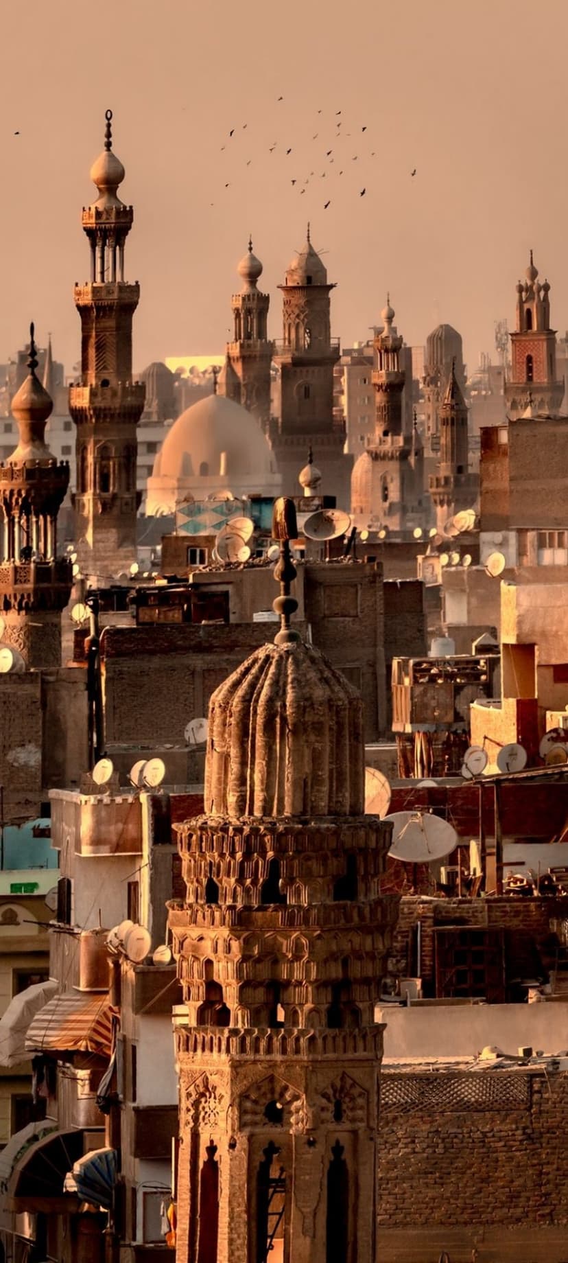 Stone minarets and a large central dome silhouette against an orange sunset sky filled with flying birds.