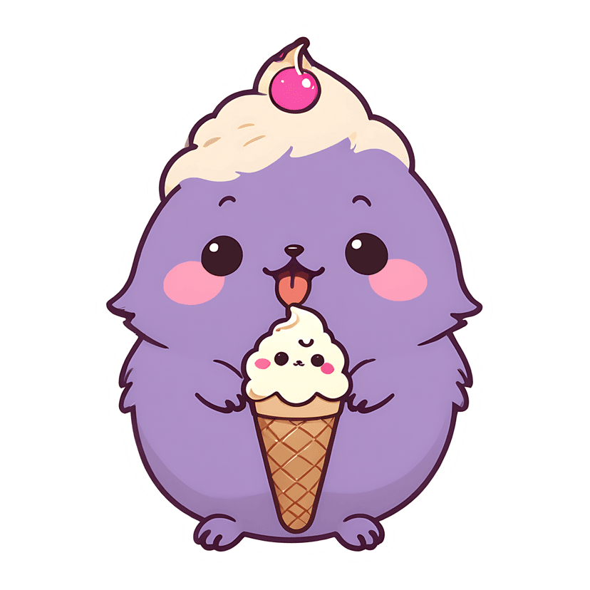 Purple creature sticker holding an ice cream cone with a cherry on top against a white isolated background.