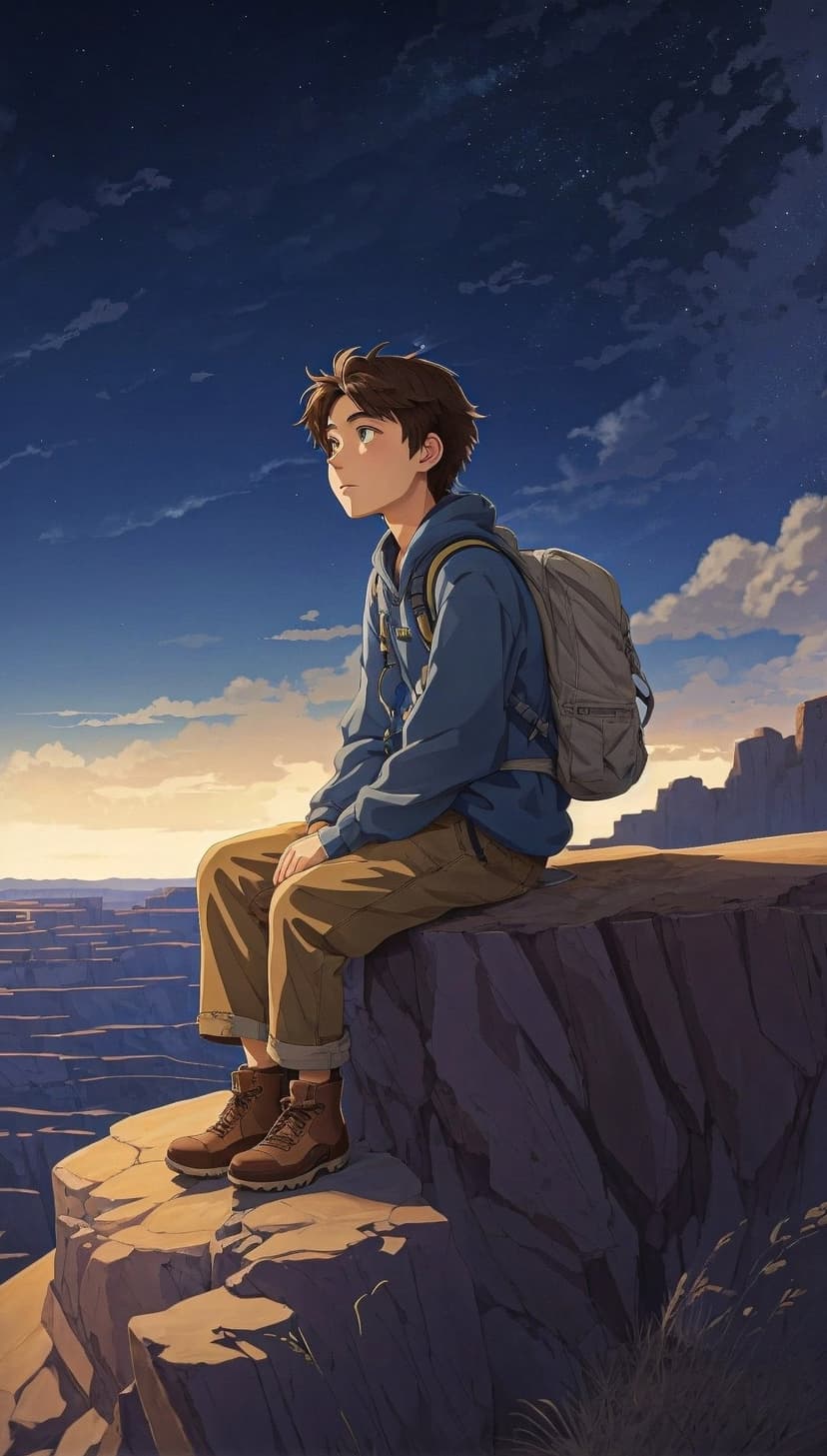 Young boy in a blue hoodie with a backpack sits on a cliff overlooking a vast canyon during a golden sunset.