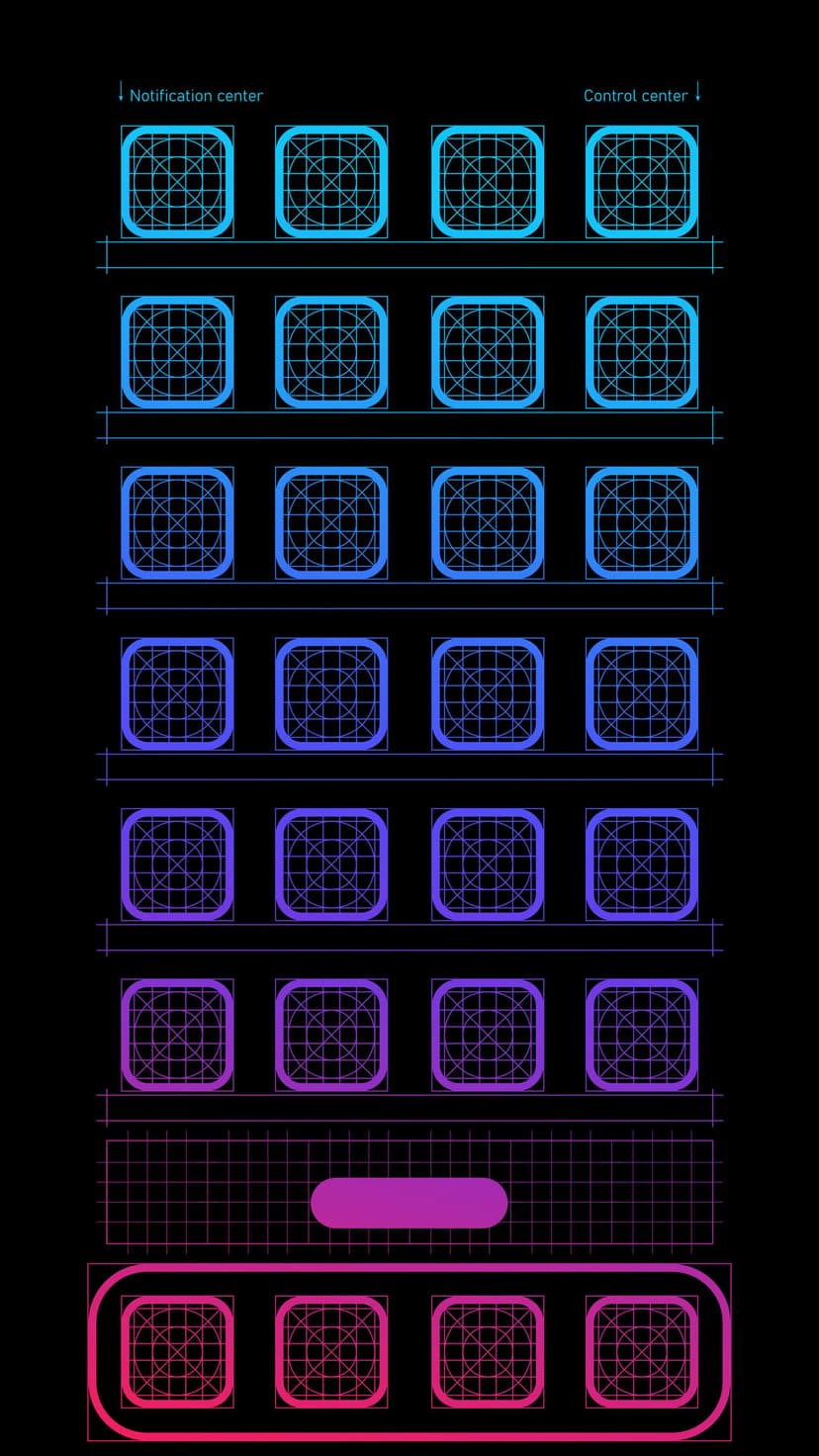 Neon blue and purple grid of wireframe app icons on a dark screen with top and bottom interface bars.
