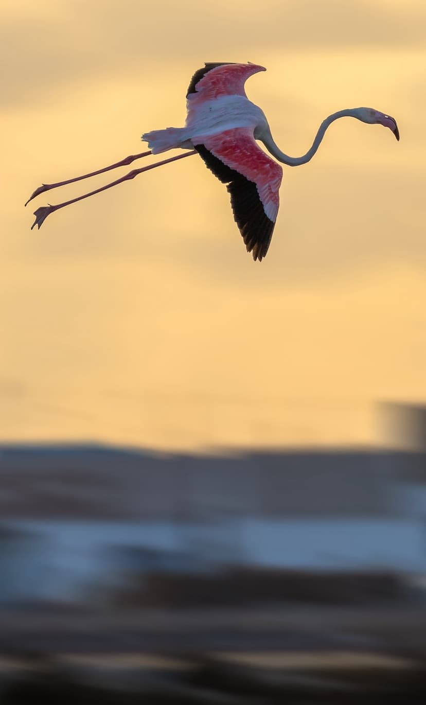 Pink flamingo flying across a golden sunset sky with long legs trailing over a blurred wetland background.