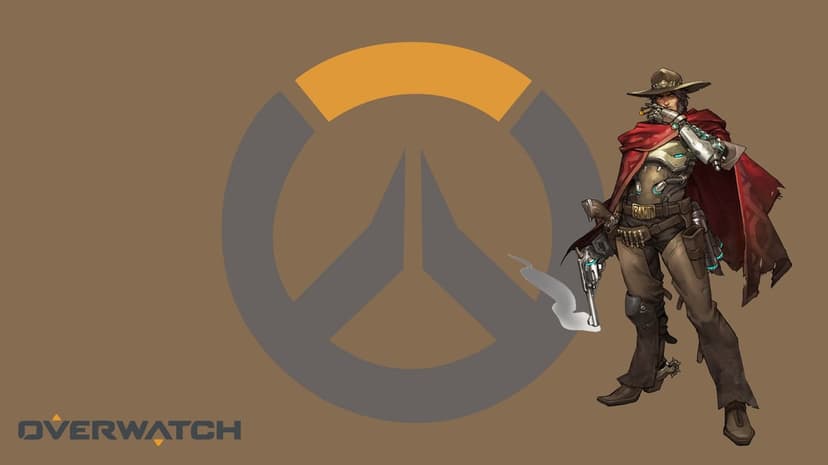 Cole Cassidy in a red poncho with a mechanical arm standing next to a large grey and orange Overwatch logo.
